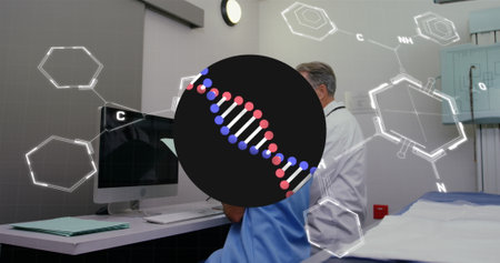 Image of dna and chemical structures over male doctor and female health worker discussing. Medical...