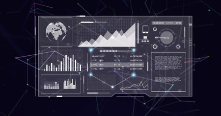 Image of data processing over network of connections on black background. Global technology,...