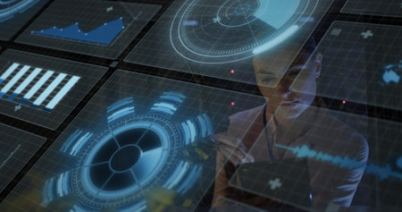 Image of data processing over caucasian female worker in server room. Global business and digital...