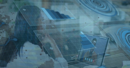 Image of data processing over businesswoman having laptop image call with colleague. Global business...