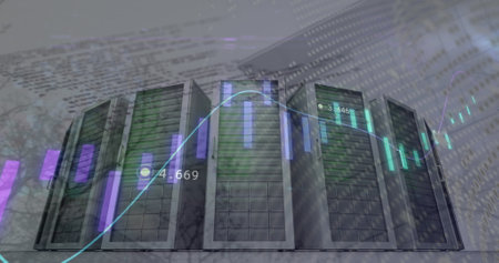 Displaying six black server cabinets at data center, with LED strips, chart overlays, code streams....