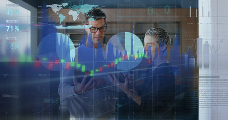 Image of statistics and financial data processing over diverse business people in office. Global...