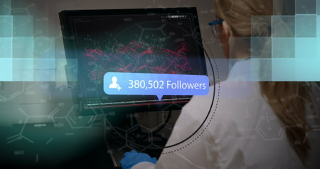 Image of network of connections over caucasian female doctor. Global business and digital interface concept digitally generated image.の写真素材