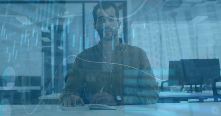 Image of financial data processing over businessman. Global business, communication, digital interface and data processing concept digitally generated image.の写真素材