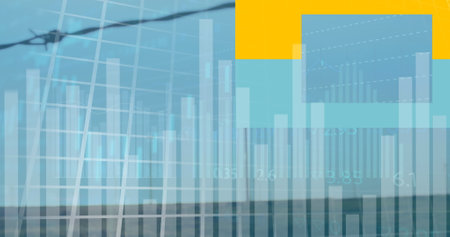 Image of statistical data processing over spinning windmills against blue sky. Renewable energy and business data technology conceptの写真素材