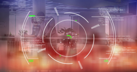 Image of scope scanning with data processing over diverse business people at office. Global...