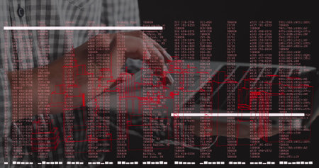 Image of data processing over hands using laptop. Global business and digital interface concept...