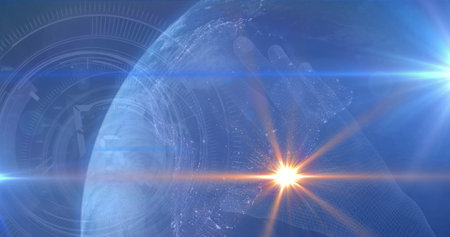 Image of light spots and round scanner over globe and hand icon against blue background. Global networking and business technology conceptの写真素材