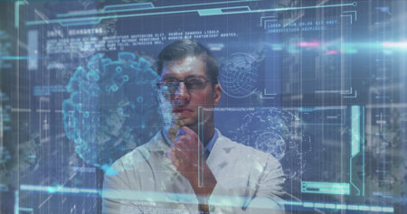 Image of data processing with virus cells over caucasian male doctor. Global medicine, science and...