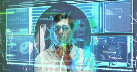 Image of data processing with virus cells over caucasian male doctor. Global medicine, science and digital interface concept digitally generated image.の写真素材