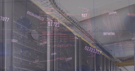 Image of multiple changing numbers and data processing against computer server room. Global...