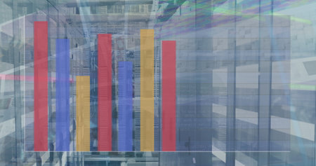 Image of graphs and data processing over servers. Network, computers, finance, data processing and technology concept digitally generated image.の写真素材