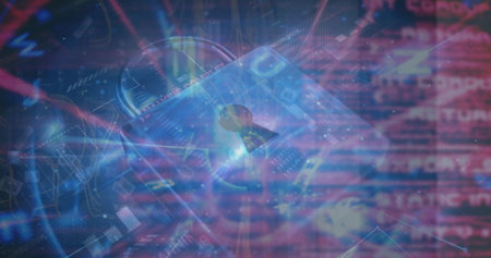 Image of padlock icon over data processing on black background. Global technology, online security and digital interface concept digitally generated image.の写真素材