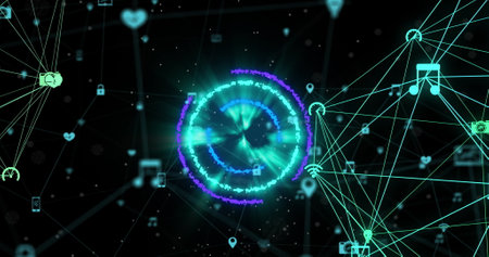Image of neon circles over network of connections with icons in black space. Global network,...