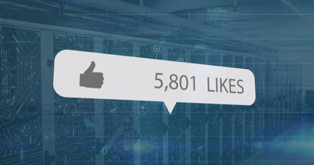 Image of social media likes notification and data processing over computer server room. Global communication, social media, data and digital interface concept digitally generated image.の写真素材