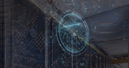 Image of network of connections over server room and padlock. Global business and digital interface...