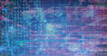 Image of padlock icon over data processing on blue background. Global technology, online security...