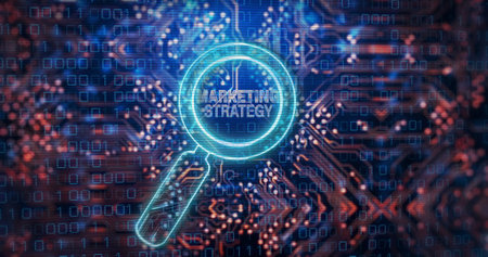 Image of marketing strategy text over reading glass and data processing. Global business and digital interface concept digitally generated image.の写真素材