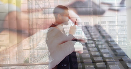 Image of data processing over caucasian man working in warehouse. Global business data processing...