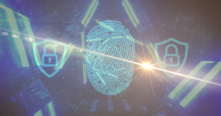 Displaying central fingerprint graphic on virtual interface, with shield icons and data fragments. Cybersecurity, technology, digital, futuristic, secure, protection, innovationの写真素材