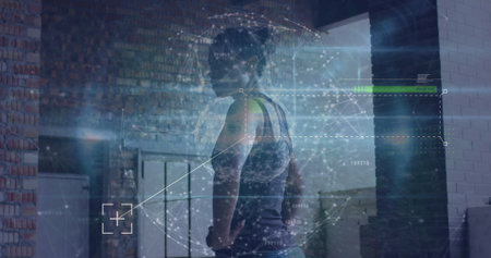 Image of globe of network of connections over african american fit woman taking a break. Sports and fitness technology conceptの写真素材