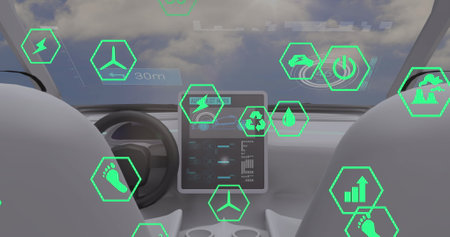 Image of icons and data processing over car interior. Global technology, transport and digital...