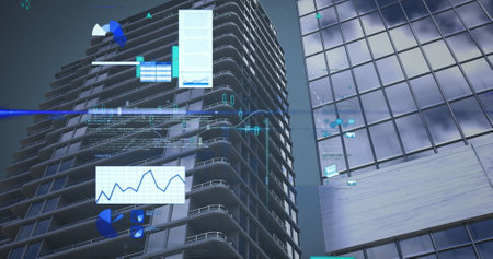 Image of data processing over cityscape. Global business and digital interface concept digitally generated image.の写真素材