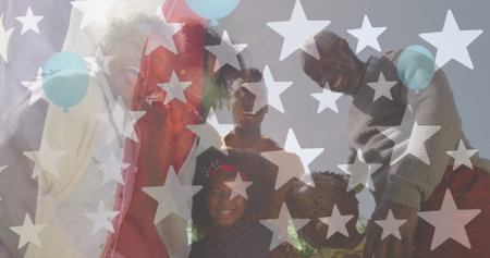 Image of flag of usa over african american family smiling. Global patriotism and digital interface...