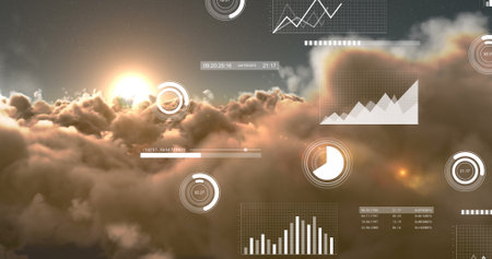 Image of data processing over clouds. Global business and digital interface concept digitally...