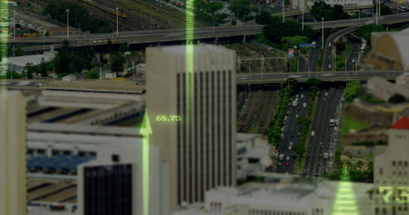 Image of financial data processing with arrows over cityscape. Global business, finances and digital...