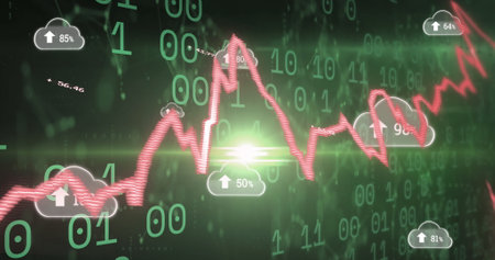 Image of financial data processing with graph and cloud icons on black background. Global business,...