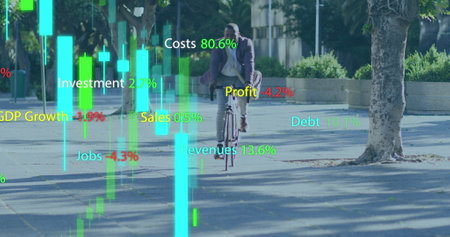 Image of financial data processing with graph over african american businessman riding bike. Global...