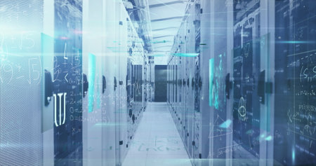 Image of data processing over tech room with computer servers. Global finance economy technology and...