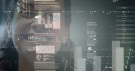 Image of data processing over portrait of caucasian female doctor smiling at hospital. Medical healthcare and technology conceptの写真素材