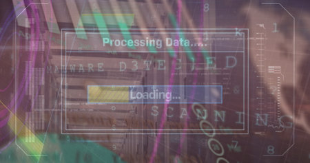 Image of data processing over server room. Global technology, computing and digital interface concept digitally generated image.の写真素材