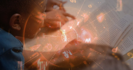 Image of changing numbers and glowing tunnel over diverse kids studying in the class at school. School and education conceptの写真素材