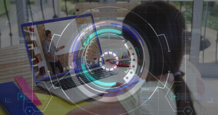 Image of round scanner and data processing over rear view of girl having a image call on laptop....