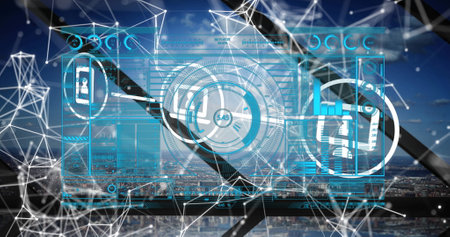 Image of scope scanning and network of connections with icons over cityscape. Global business,...