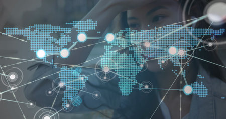 Image of network of connections with world map over woman using smartphone. Global connections, networks and data processing concept digitally generated image.の写真素材