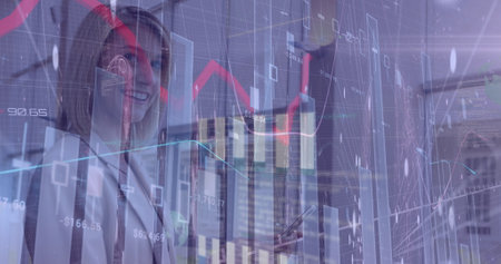 Image of statistical data processing over caucasian businesswoman using smartphone at office....