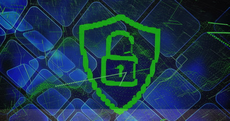 Image of padlock icon over glowing squares on black background. Global technology, online security...