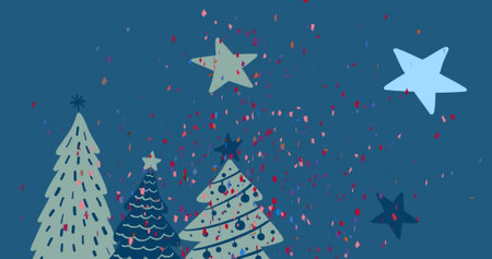 Image of confetti falling over christmas trees and stars on blue background. Christmas, tradition and celebration concept digitally generated image.の写真素材