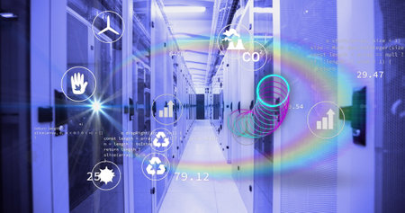 Image of ecology icons and circles over data processing and server room. Global business and digital interface concept digitally generated image.の写真素材