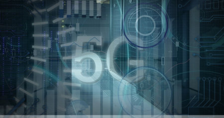 Image of 5g text, statistics and data processing over computer servers in background. Global...