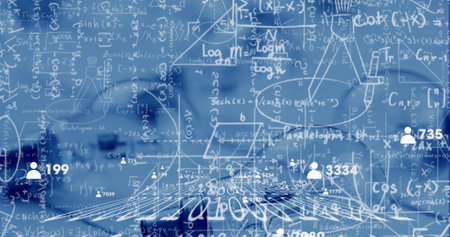 Forming digital network visualizing analytics in virtual data space, with formulas and user icons. Futuristic, abstract, geometric, data, technological, network, vibrantの写真素材