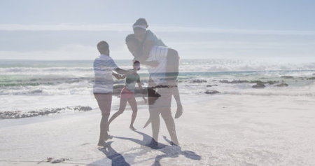 Image of happy african american couple having fun on beach. Holidays, vacations, love, relationship...