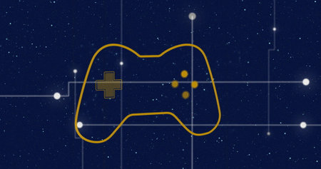 Image of yellow image game controller with futuristic line design. Digitally generated, motion...