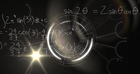 Image of digital screen with data, processing circle and math formulas on black background. Science,...