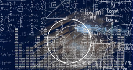Showing white circle highlight enclosing bar graphs in digital interface, with equations and code....