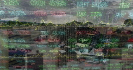 Image of data processing over junkyard. Global science, connections, data processing and digital interface concept digitally generated image.の写真素材
